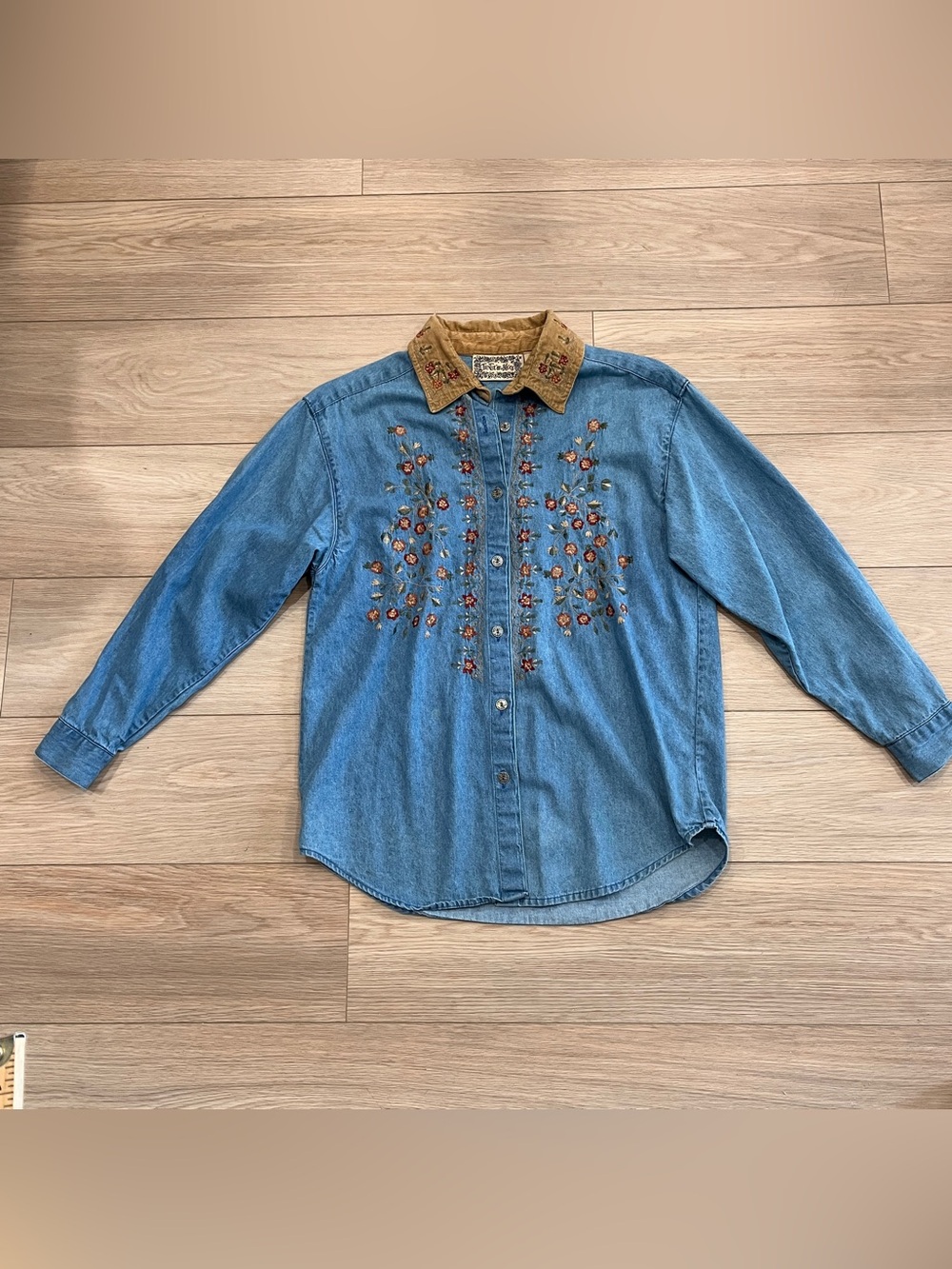 Vintage Floral Embroidered Denim Shirt Corduroy Collar Size L Cottagecore Boho